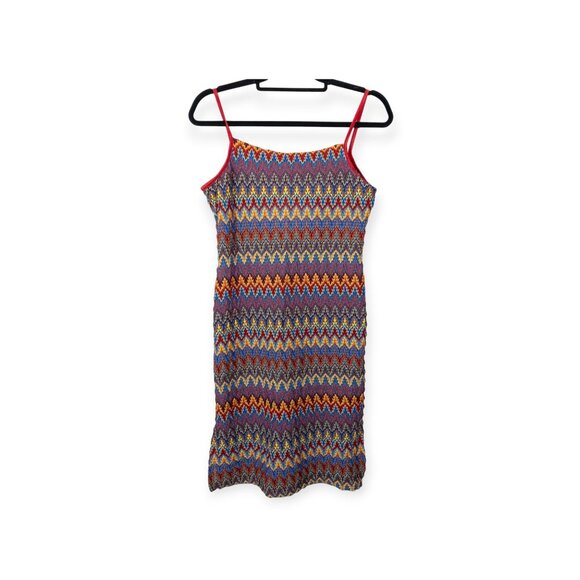 Vintage Y2K Eye Candy Zigzag Multicolor Knit Midi Dress With Red Spaghetti Strap - Picture 2 of 11